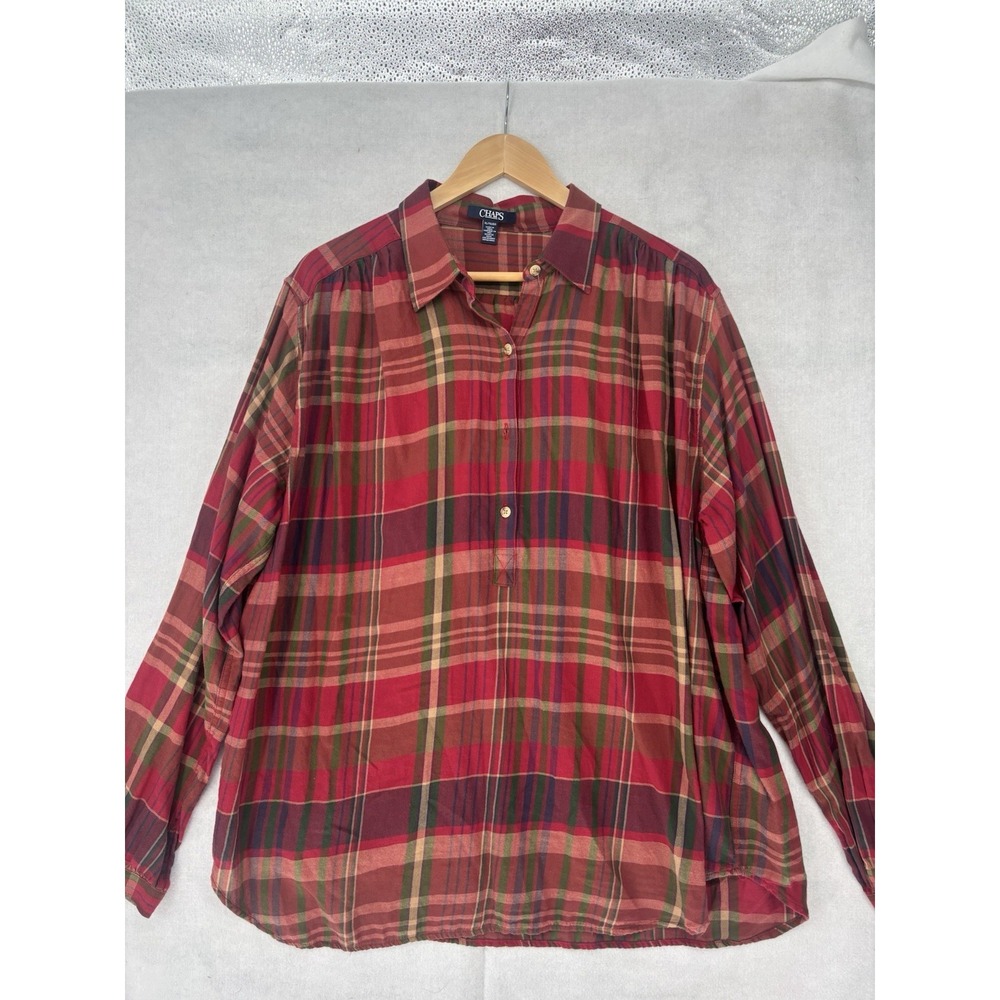 Chaps Ralph Lauren Popover Shirt Womens XL L/SL Collared Plaid Flannel Ranch